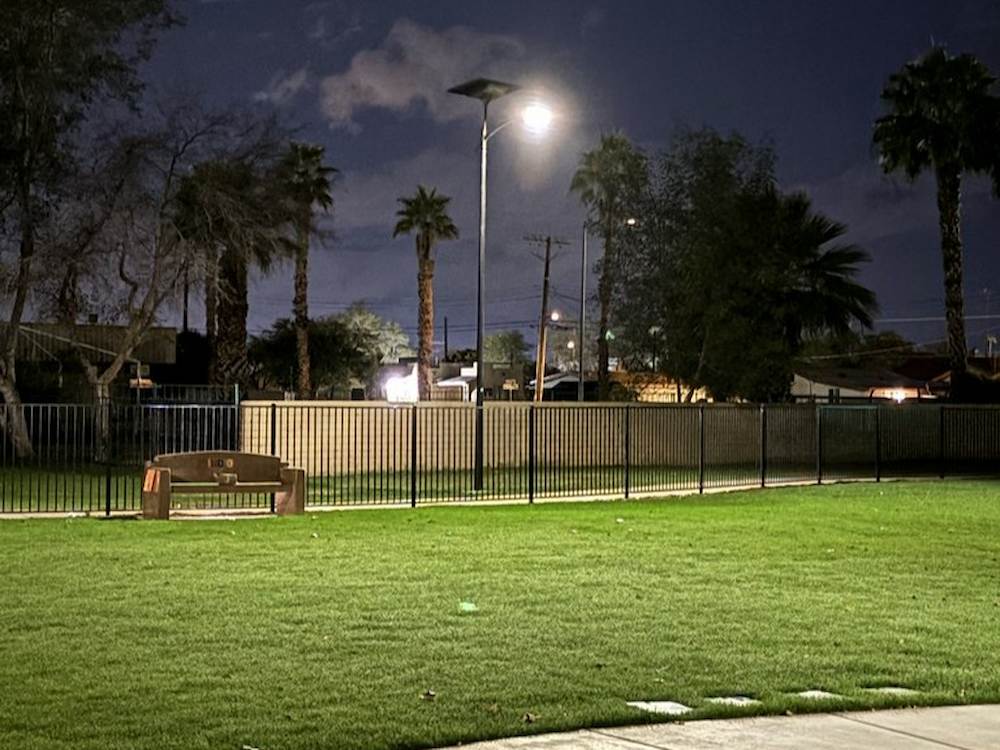 Solar-powered streetlight illuminating a California park at night with energy-efficient LED lighting
