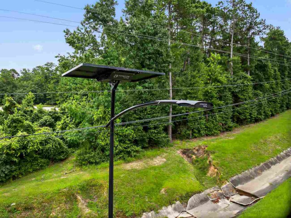 Close-up view of a Fonroche solar street light in Georgia providing sustainable off-grid roadway lighting.