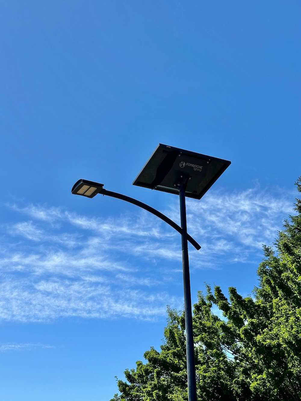 Solar street light panel against a clear blue sky and trees in Georgia  