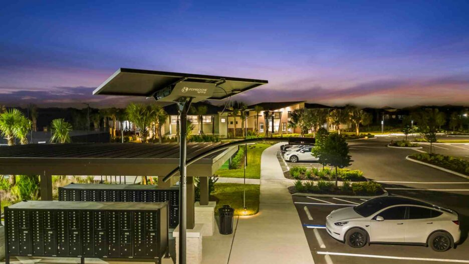 Fonroche solar lighting illuminating sidewalks and streets in a Florida HOA community enhancing safety and walkability without grid connection.