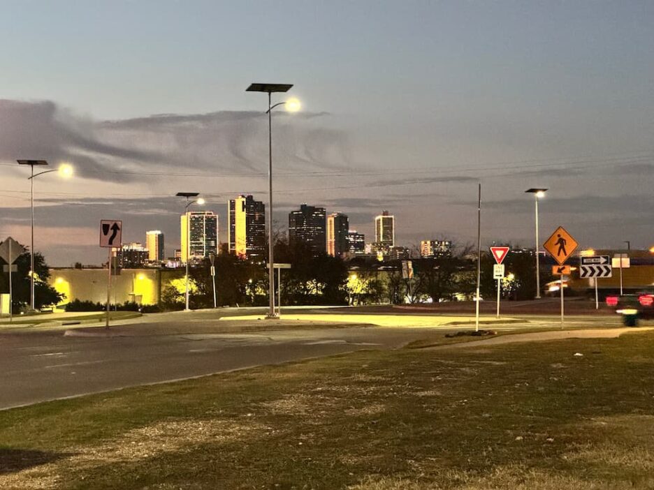 Solar-powered street lights installed in a municipal area, providing sustainable and cost-effective lighting for public spaces.