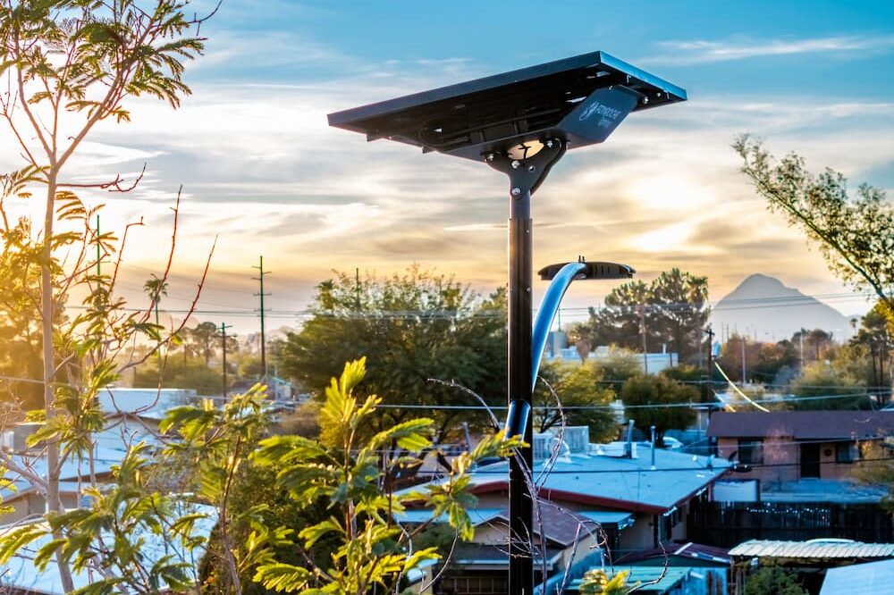 Solar-powered lighting for public spaces in a municipal area