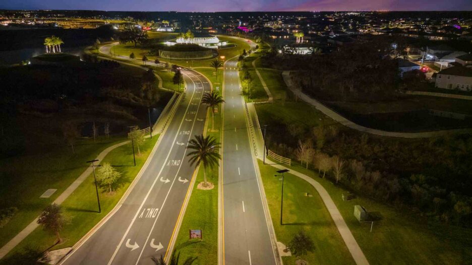 Empty North Florida highway with off-grid lighting operating after a major storm event.