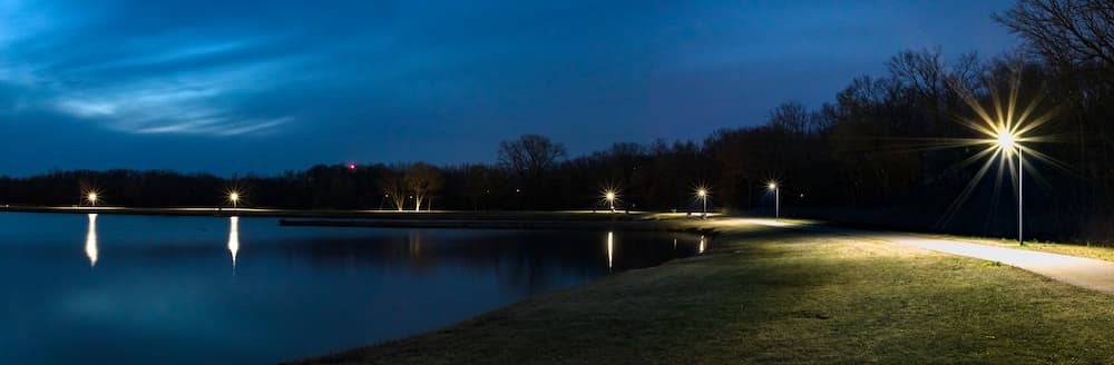 Solar pathway lights installed along a municipal walking path