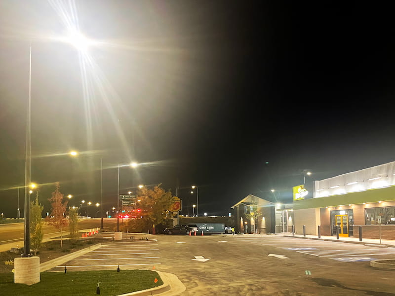 Solar-powered parking lot lights for retail spaces, offering efficient lighting and enhanced security.