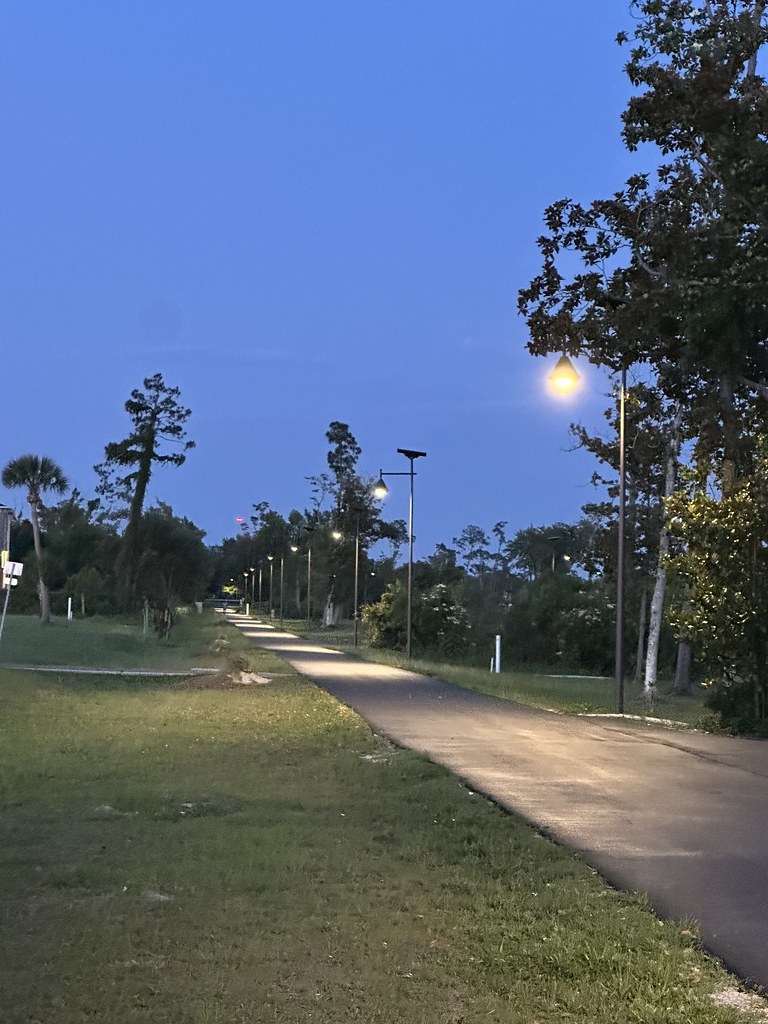 New Florida residential subdivision entrance lit with modern solar streetlights