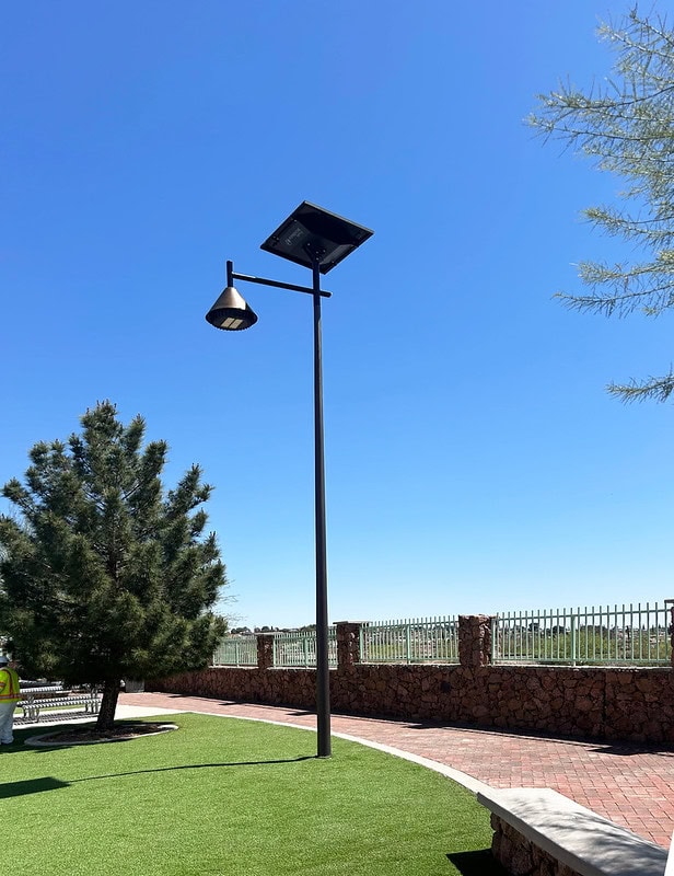 business park in Texas with bright, off-grid solar street lighting at night.