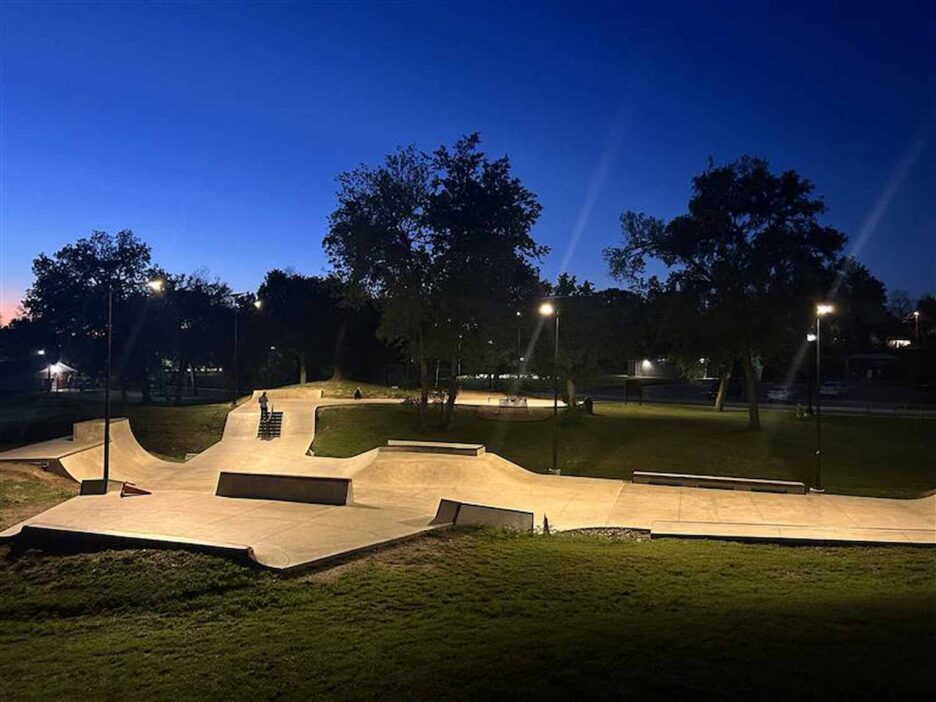 South Carolina park illuminated at night by solar-powered streetlights, providing safe community lighting during grid outages.