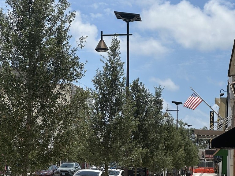 Decorative Solar Streetlight - SmartLight solar streetlight system operating on a Panama City, Florida sidewalk