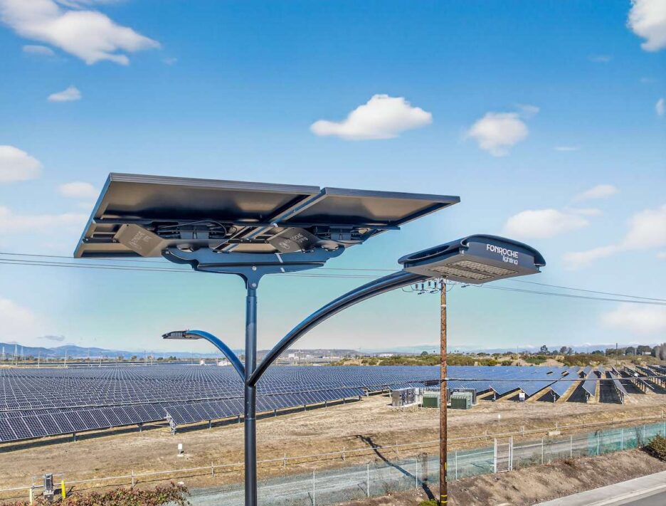 Off-grid solar streetlight installed near a transportation corridor, showcasing Fonroche SmartLight technology designed for airport and transit use.