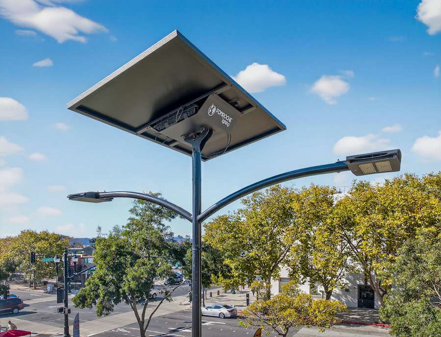 Fonroche SmartLight™ solar streetlight illuminating an urban Alabama intersection with off-grid, maintenance-free lighting, ideal for public safety and infrastructure grant programs.