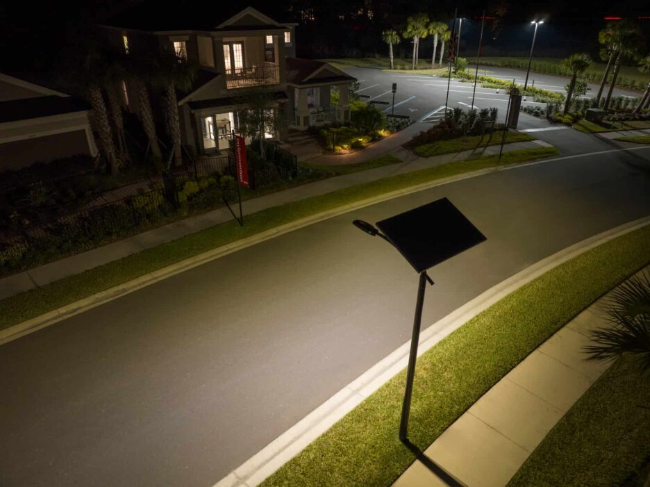 Hurricane-rated solar lighting system operating during a storm event in rural North Florida.