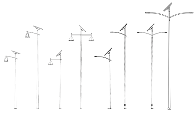 Line drawings of solar street light configurations